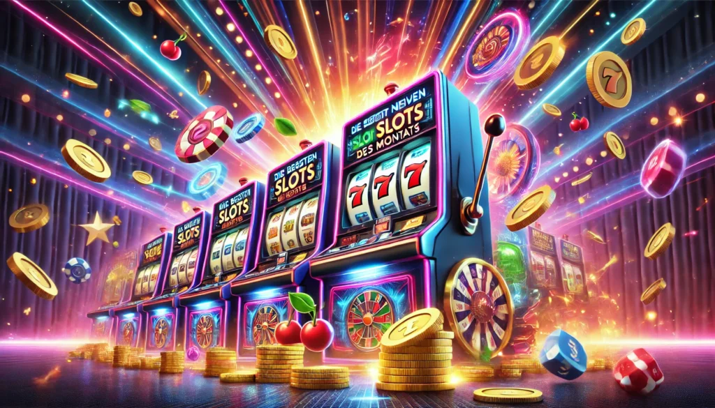 DALLE 20250327 122114 A vibrant and eyecatching 169 banner image for a blog post titled Die besten neuen Slots des Monats The best new slots of the month The image f DummySlotsde