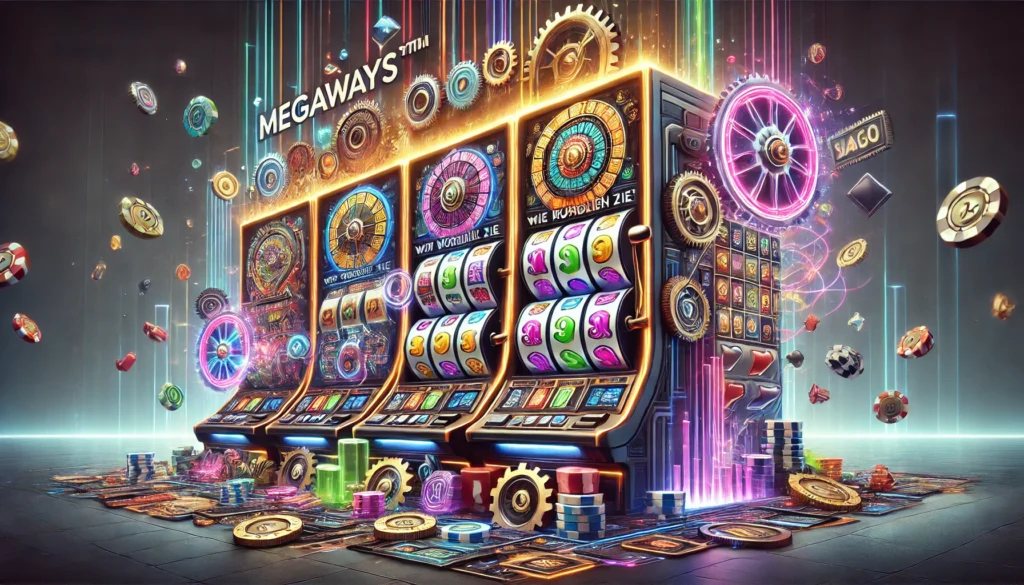 DALLE 20250327 122353 A visually engaging 169 banner image for a blog post titled Megaways™ Slots erklärt Wie funktionieren sie Megaways™ Slots explained How do they DummySlotsde