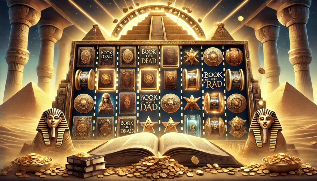DALLE 20250327 122606 A visually rich and thematic 169 banner image for a blog post titled Die beliebtesten BookSlots Book of Dead Book of Ra Co The most popular DummySlotsde