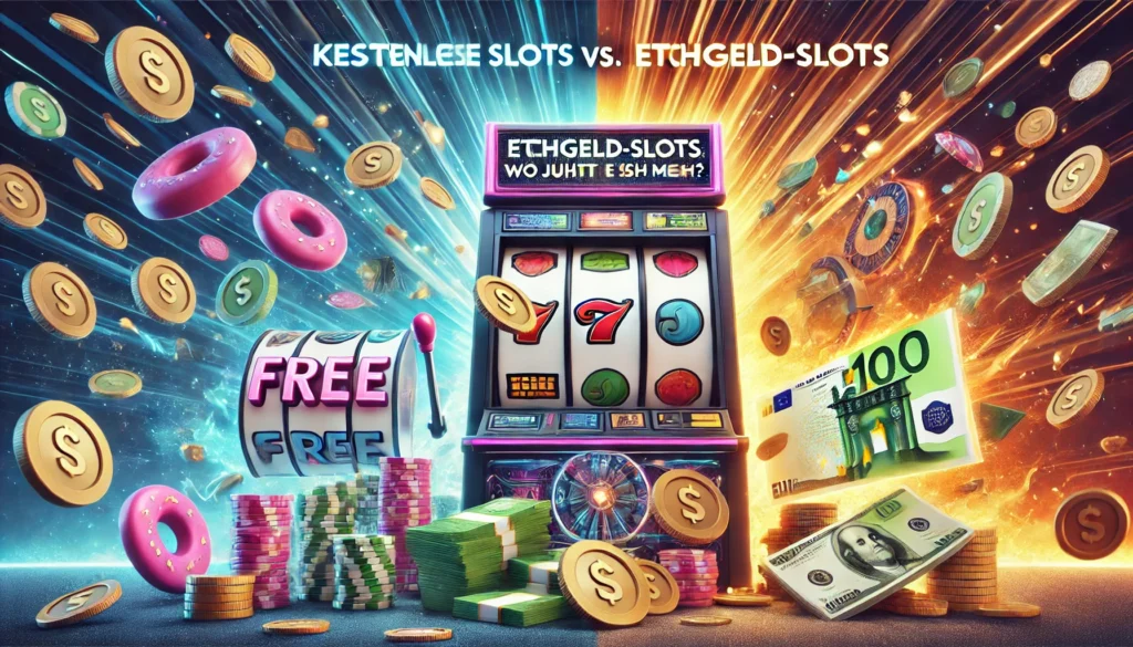 DALLE 20250327 122702 A bold and engaging 169 banner image for a blog post titled Kostenlose Slots vs EchtgeldSlots Wo lohnt es sich mehr Free slots vs real money DummySlotsde