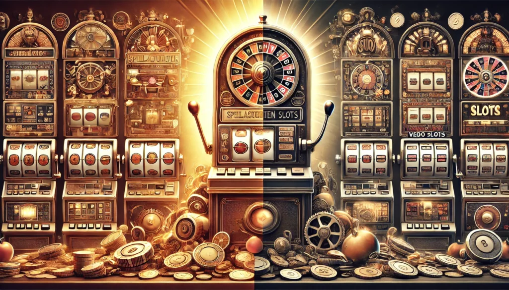 DALLE 20250327 123942 A visually striking 169 banner image for a blog post titled Von klassischen Spielautomaten zu modernen Video Slots Die Evolution From classic sl DummySlotsde