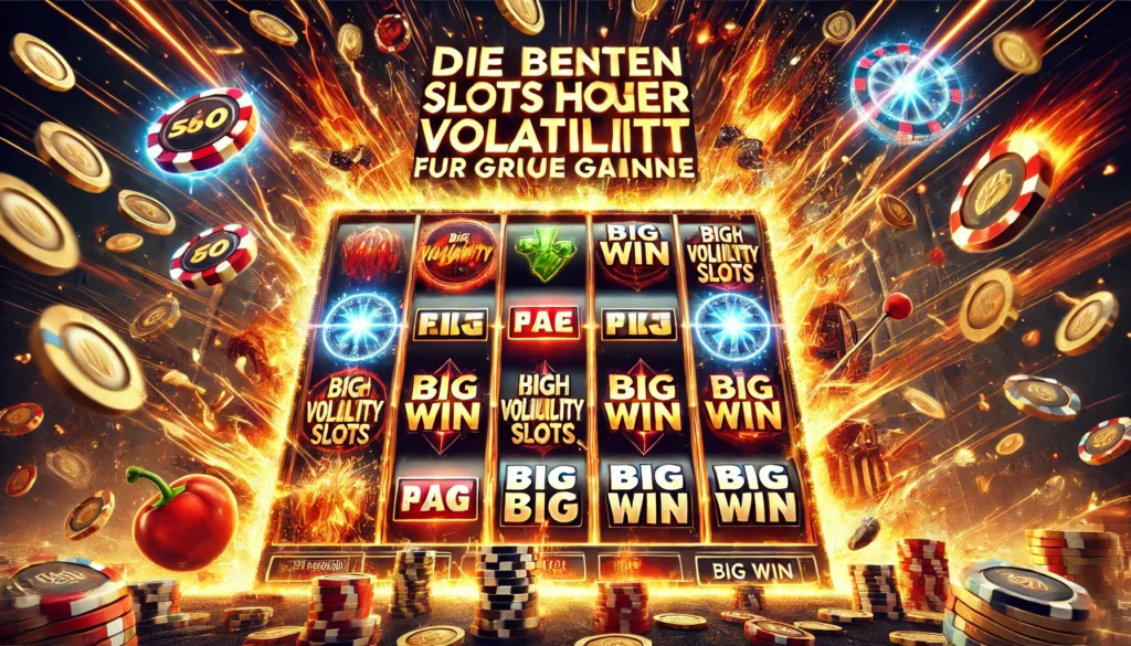 DALLE 20250327 124053 A bold and highenergy 169 banner image for a blog post titled Die besten Slots mit hoher Volatilität für große Gewinne The best high volatility s DummySlotsde