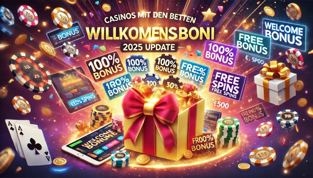 DALLE 20250327 131207 A vibrant and appealing 169 banner image for a blog post titled Casinos mit den besten Willkommensboni 2025 Update Casinos with the best welcome DummySlotsde