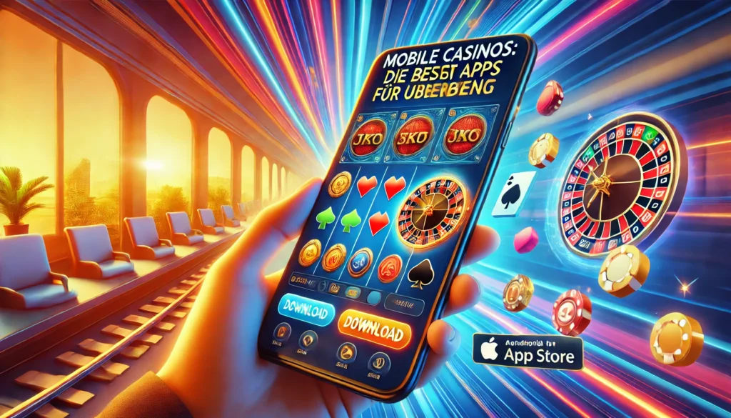 DALLE 20250327 132710 A modern and vibrant 169 banner image for a blog post titled Mobile Casinos Die besten Apps für unterwegs Mobile casinos The best apps on the go DummySlotsde